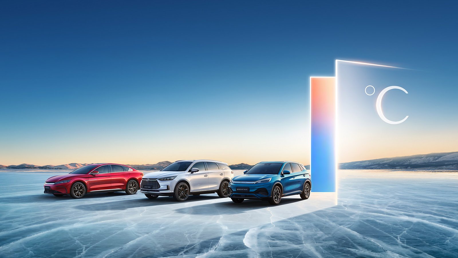 BYD three cars Atto3 Han Tang red white blue exterior